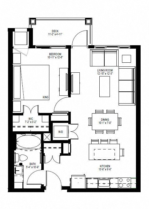 Floor plan for 1 bed, 1 bath, 663 sqft